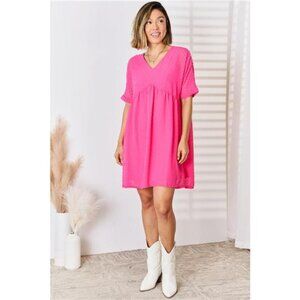 Zenana Swiss Dot Rolled‎ Short Sleeve Babydoll Dress